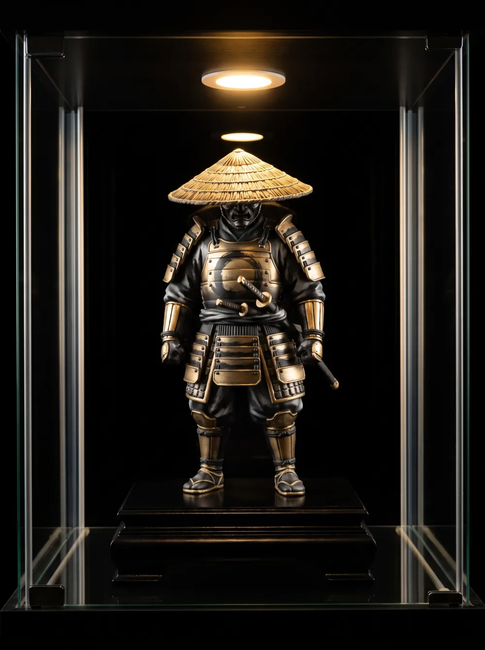 Concept art: an original ronin statuette in a lit glass display case