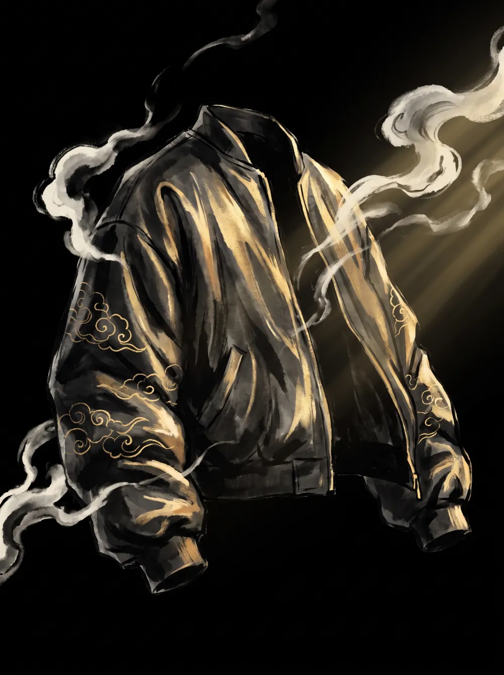 Concept art: a black bomber jacket with gold cloud embroidery, floating in ink smoke