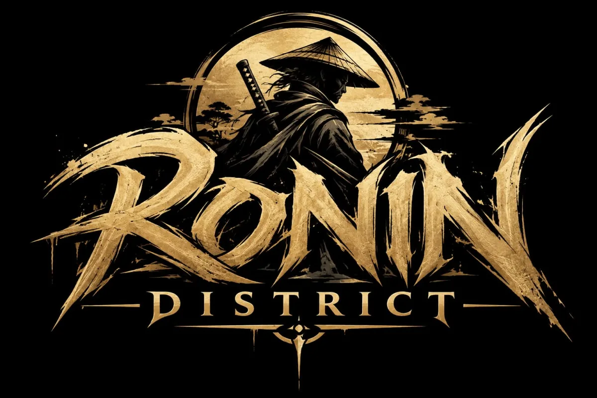Ronin District emblem: a ronin in a straw hat before a gold sun
